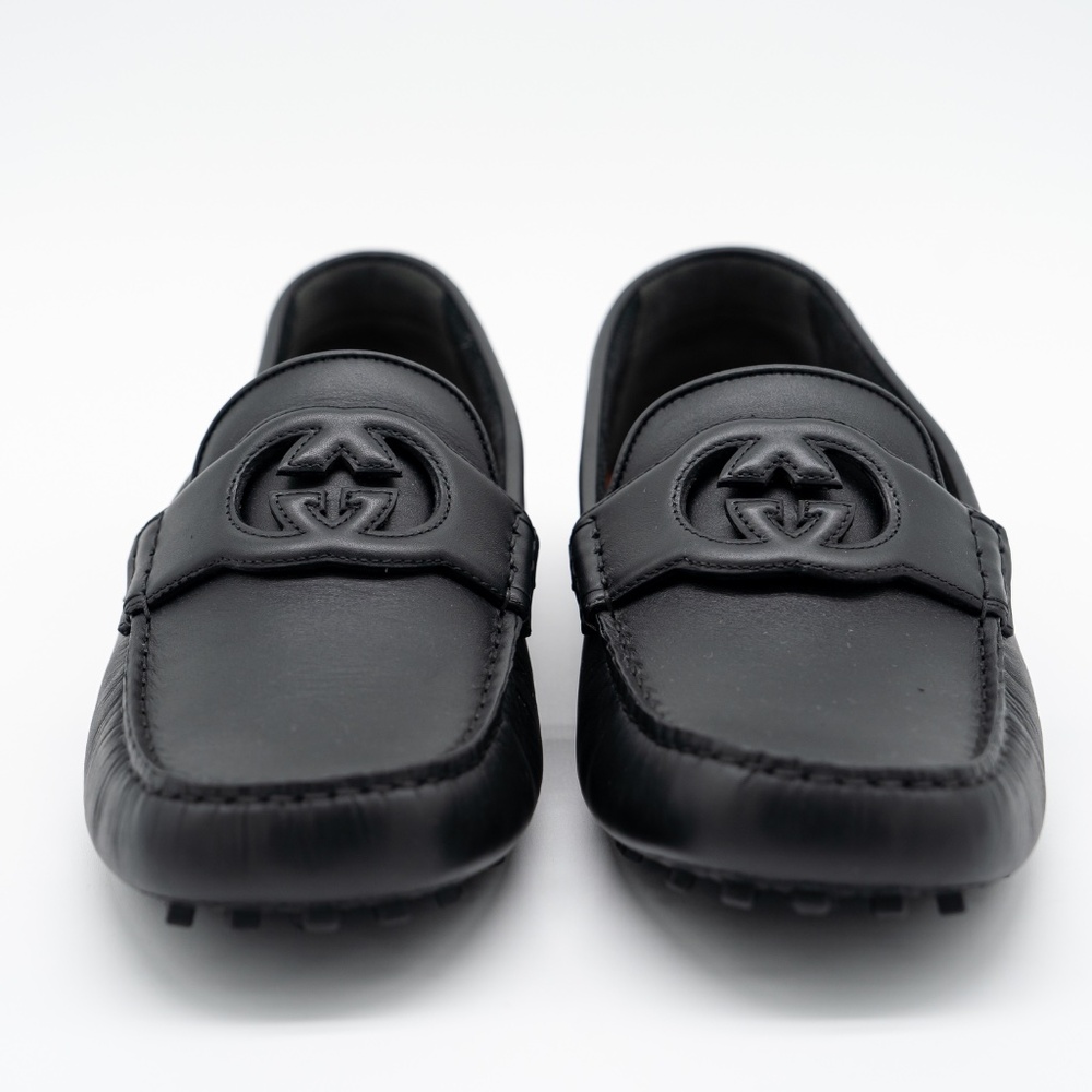 size 13G 13.5 US Gucci GG Leather Moccasin Driver Black Loafers Leather Cut Out - Picture 2 of 11